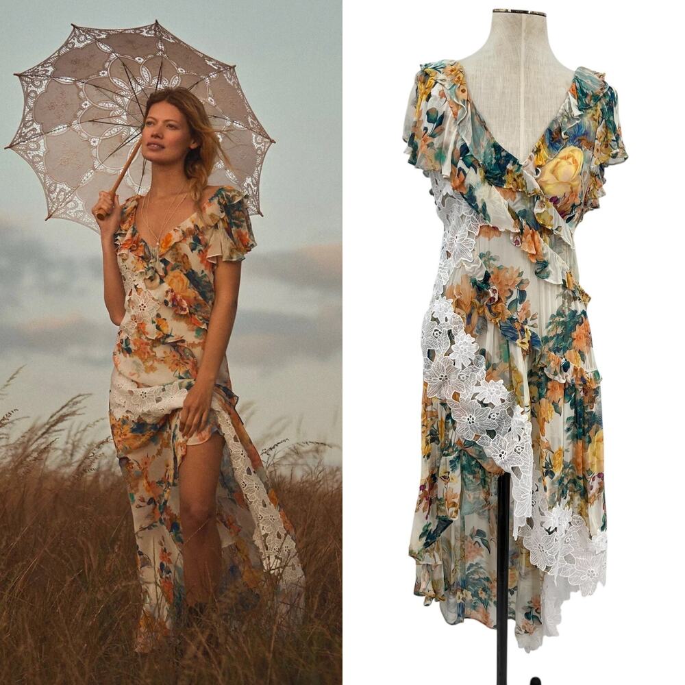 Anthropologie V-Neck Ruffle Lace Slip Dress Floral White Multicolor Size US 4